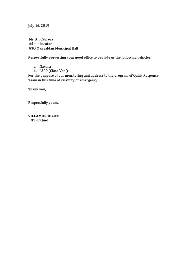 Request Letter For Vehicle PDF