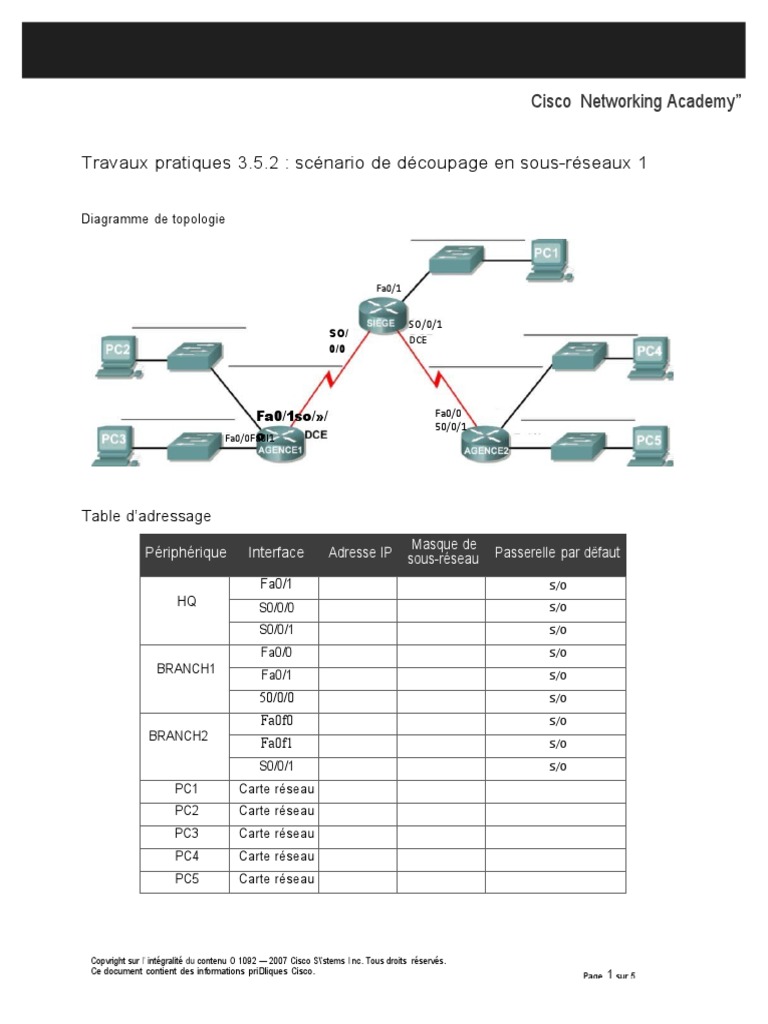 Travaux Pratiques - Scénario de Découpage en Sous-Réseaux 1 - PDF | PDF ...