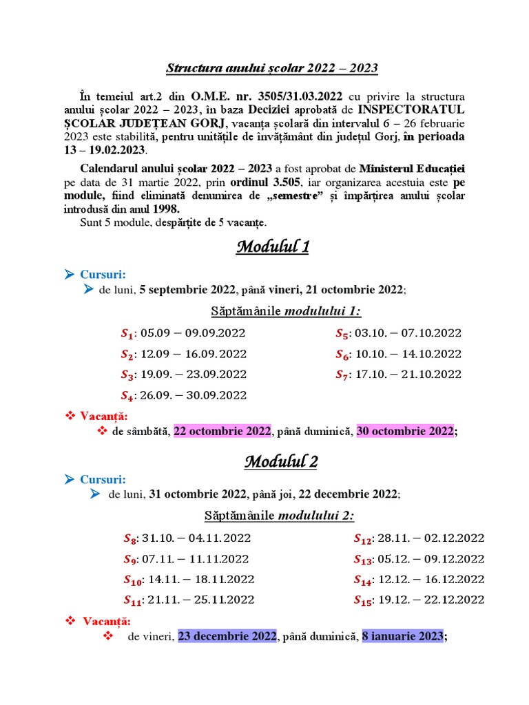 Structura Anului Scolar 2022-2023 | PDF