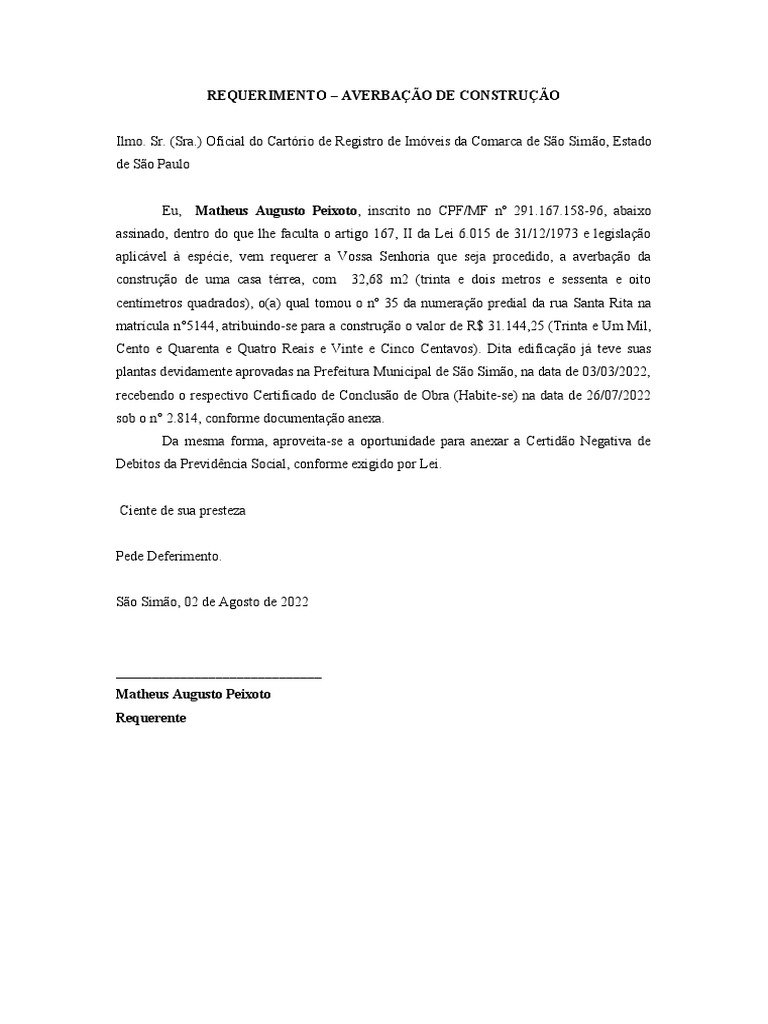 Requerimento - Averbação de Construção | PDF