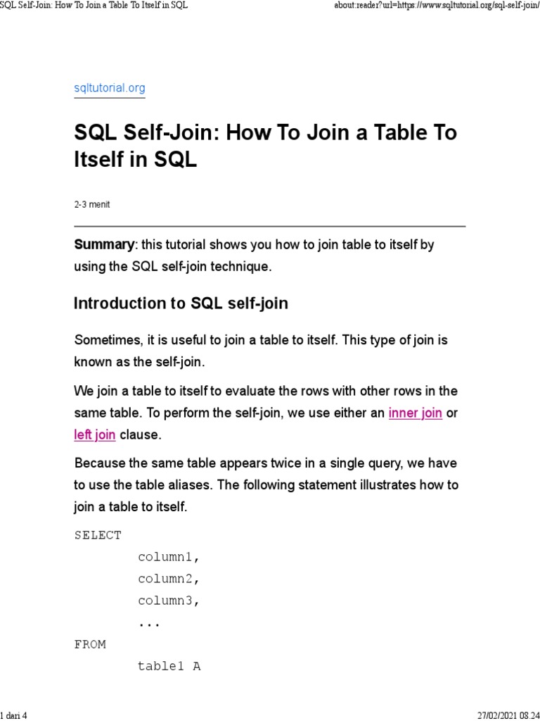SQL SelfJoin How To Join A Table To Itself in SQL Download Free PDF