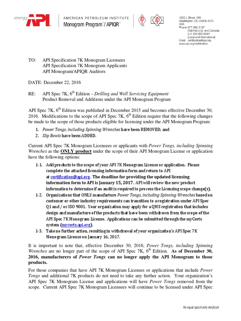API Spec 7K Changes and Licensing Update | PDF | License | Computing