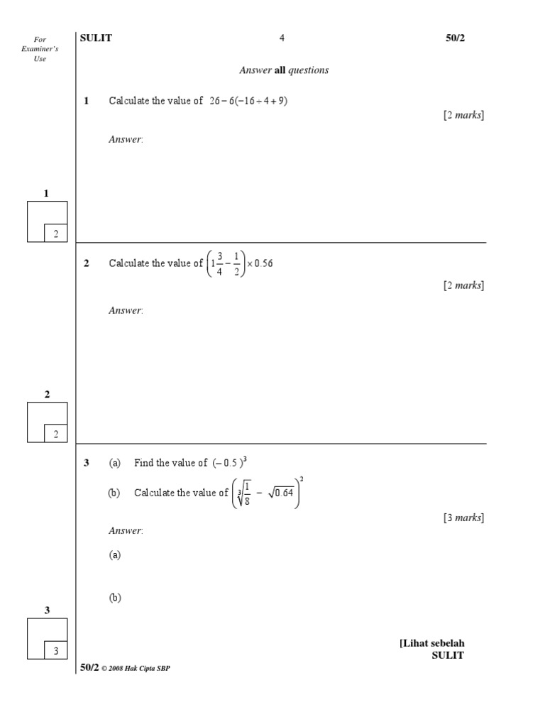 Paper 2 Math TrialPMR SBP 2008 | PDF
