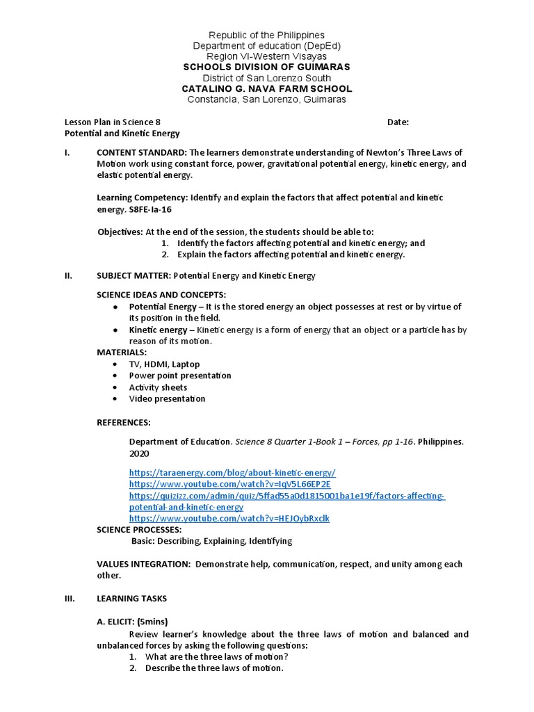 Grade 8 Lesson Plan: Energy Concepts | PDF | Potential Energy | Force