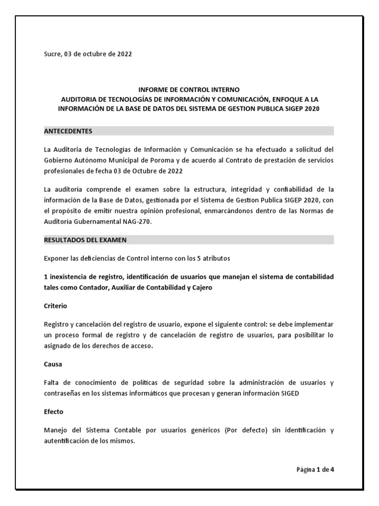 Informe Control Interno Sistema | PDF | Contabilidad | Auditoría