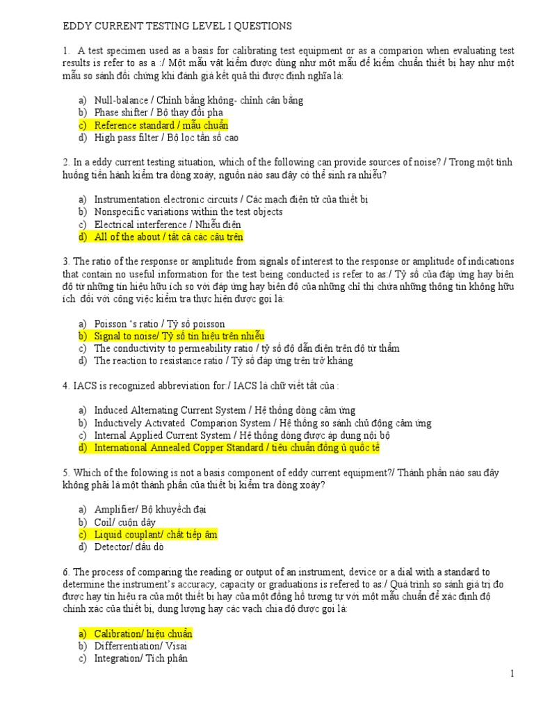 Eddy Current Testing Level I Questions PDF