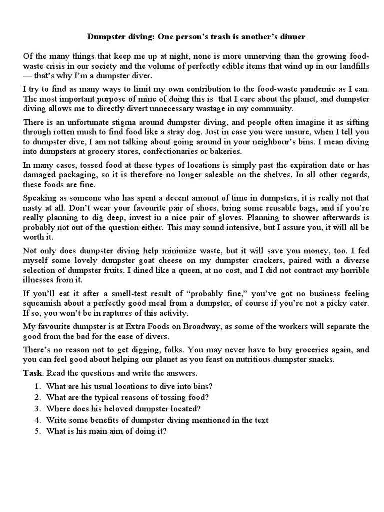 Reading Dumpster Diving PDF Food And Drink