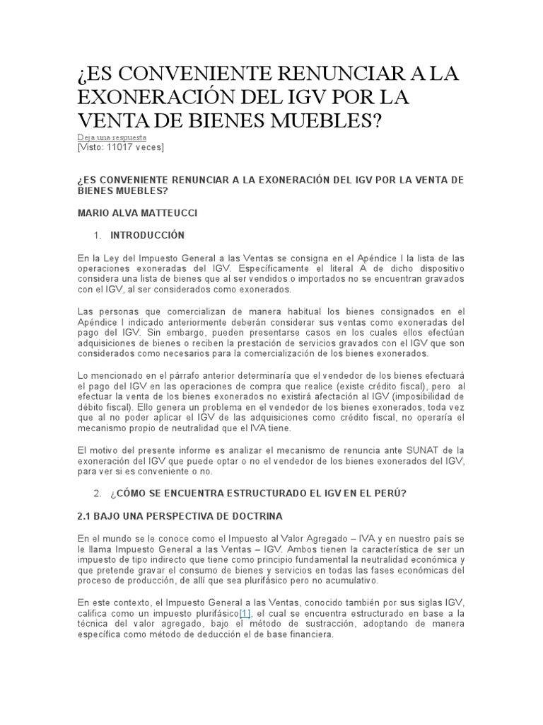 Es Conveniente Renunciar A La Exoneración Del Igv Por La Venta de ...