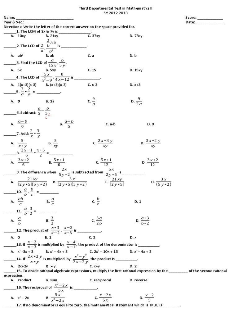 Grade 8 Algebraic Expressions Test | PDF | Rational Number | Equations