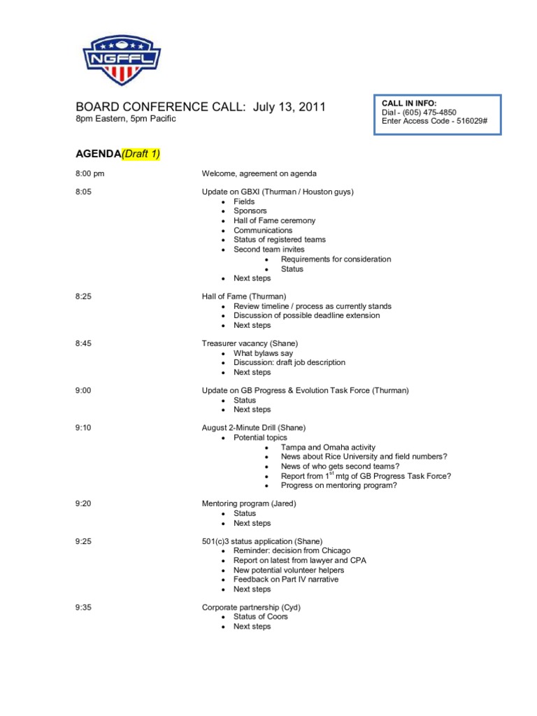 7.13.11 Board Conf Call AGENDA (DRAFT 1) | PDF | Politics