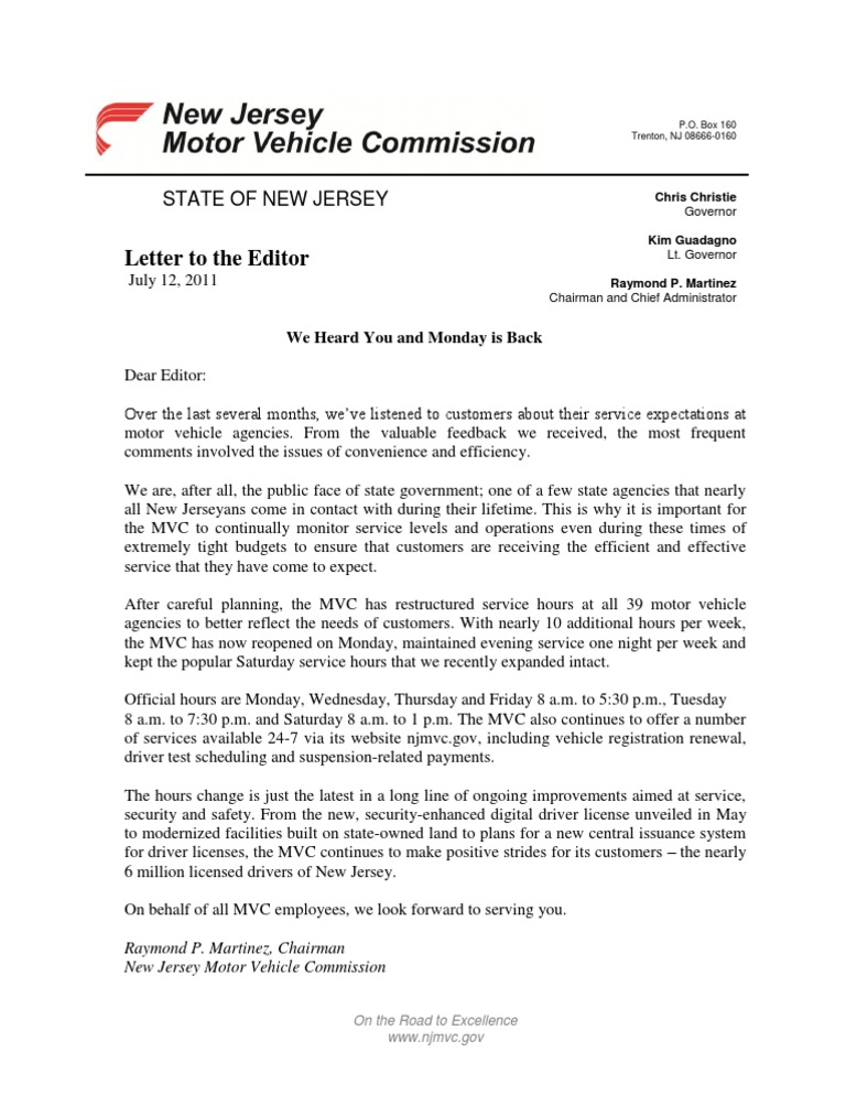 NJ MVC Service Hours Update | PDF | Finance & Money Management
