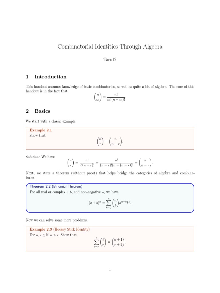 Combinatorial Identities Through Algebra Handout PDF Combinatorics