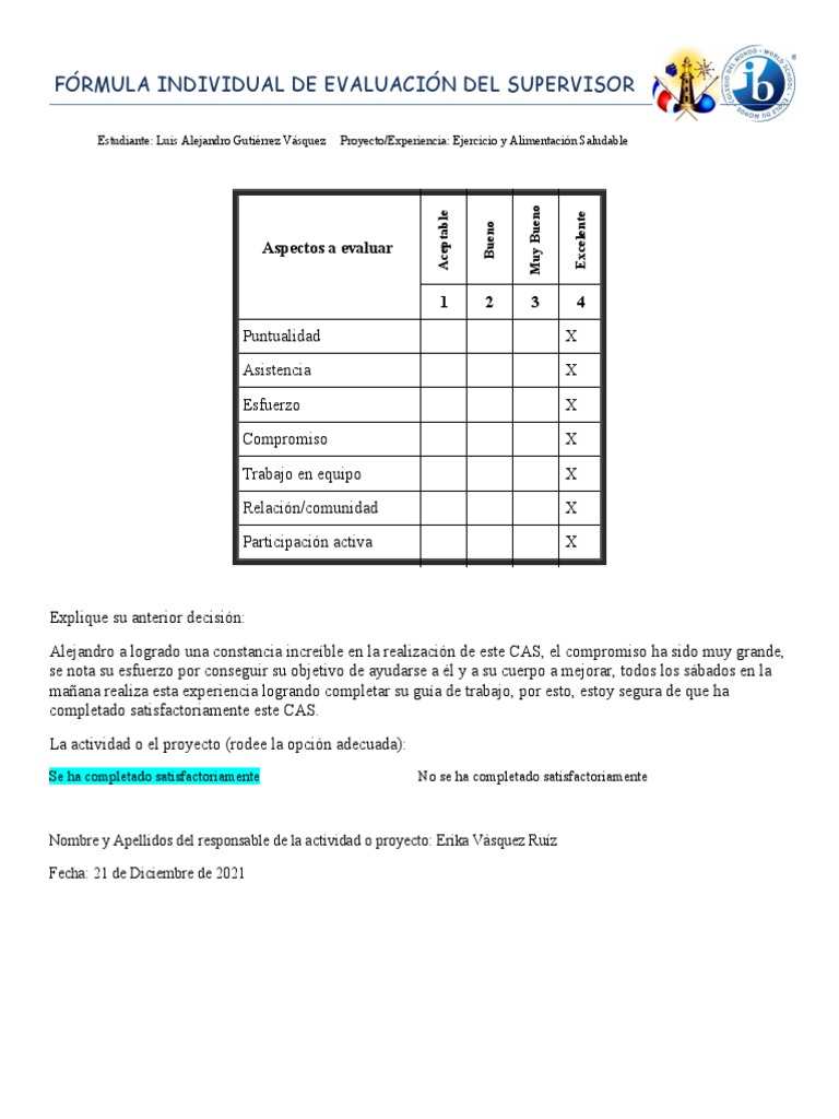 Fórmula Individual de Evaluación Del Supervisor: Aspectos A Evaluar 1 2 ...