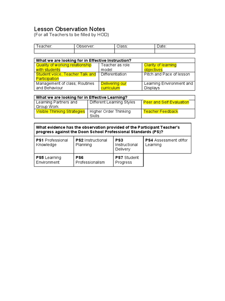 Lesson Observation Form 2022 HY | PDF