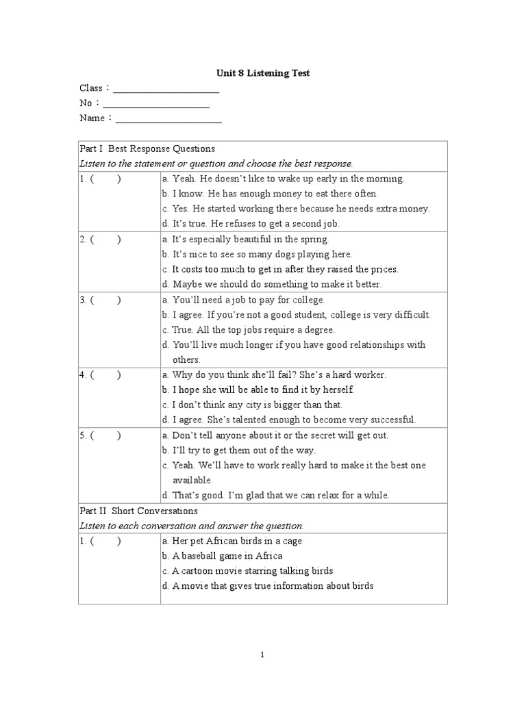 Unit 8 Listening Student Pdf