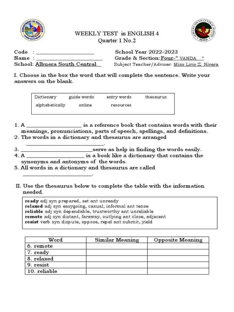 Weekly Test in English 4 PDF Dictionary Linguistics