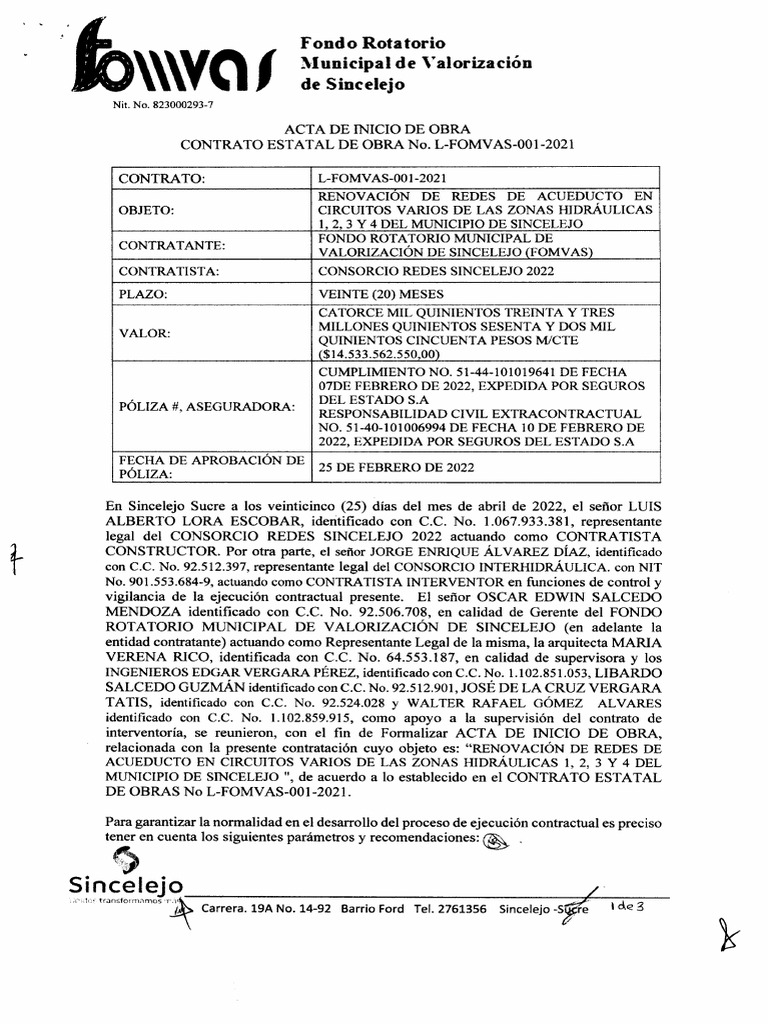 Acta de Inicio Contrato de Obra | PDF