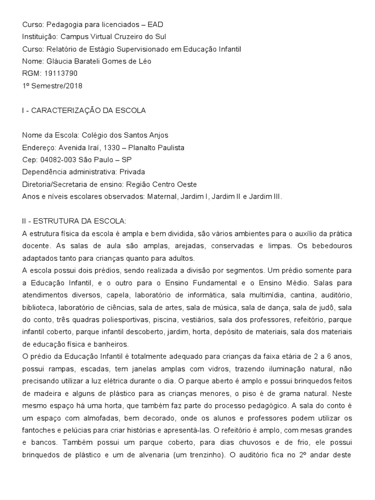 Relat rio De Est gio Supervisionado Educa o Infantil Unicsul PDF 