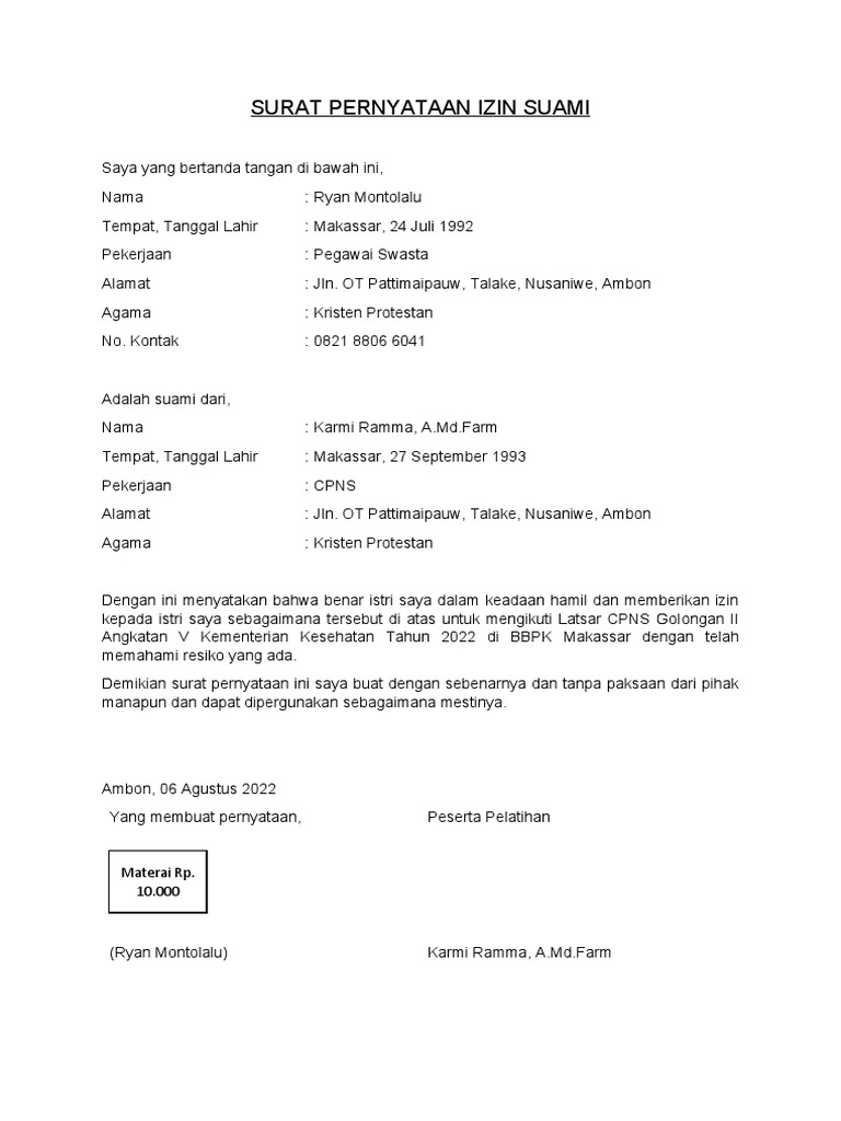 Formulir SURAT PERNYATAAN IZIN SUAMI | PDF