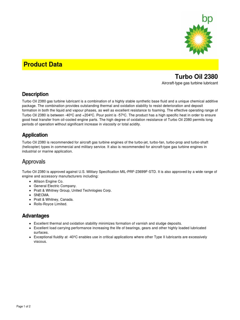 Turbo Oil 2380 Gas Turbine Lubricant Product Data PDF Lubricant
