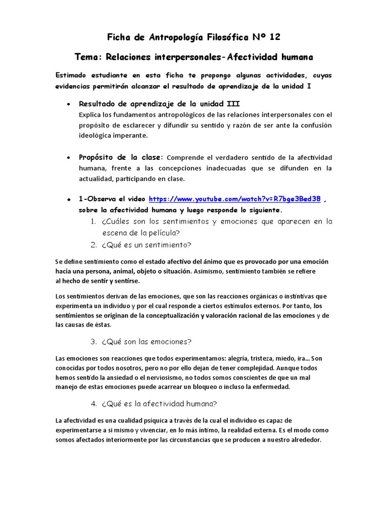 Ficha 12 - Afectividad Humana | PDF | Las emociones | Realidad