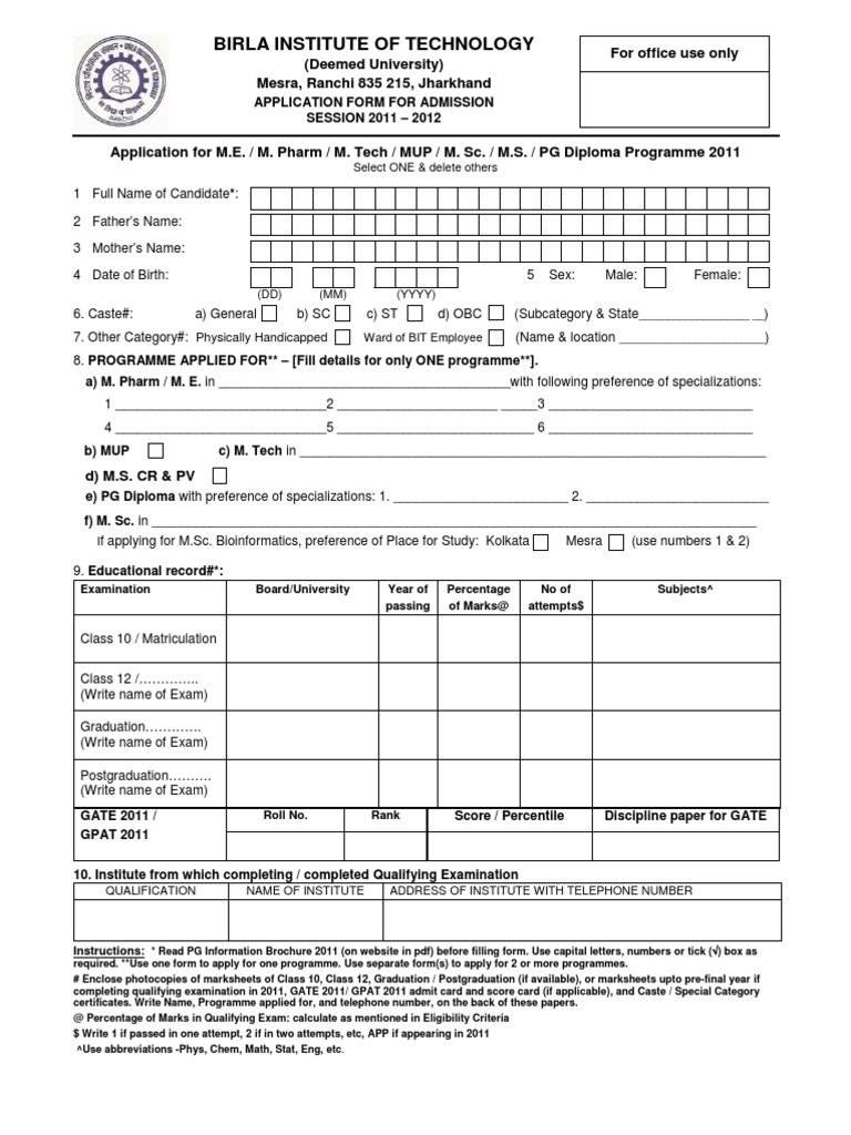 BIT Mesra Admission Application 2011 | PDF | Identity Document | Government