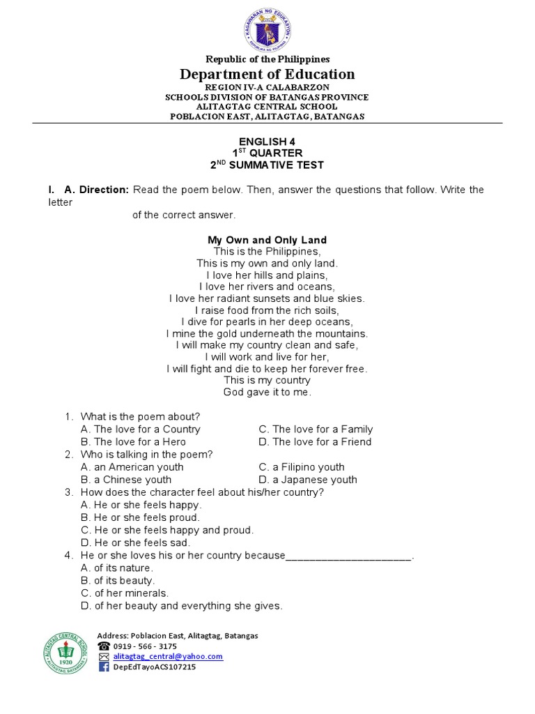 English 4 1st Quarter Summative Test | PDF