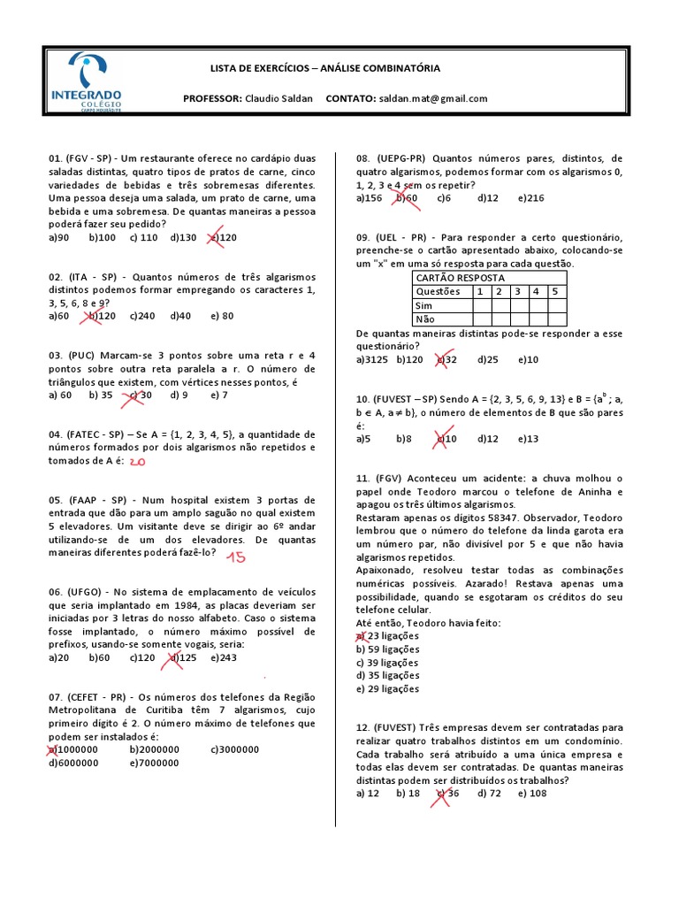 Lista de Exercícios de Análise Combinatória | PDF | Conceitos ...
