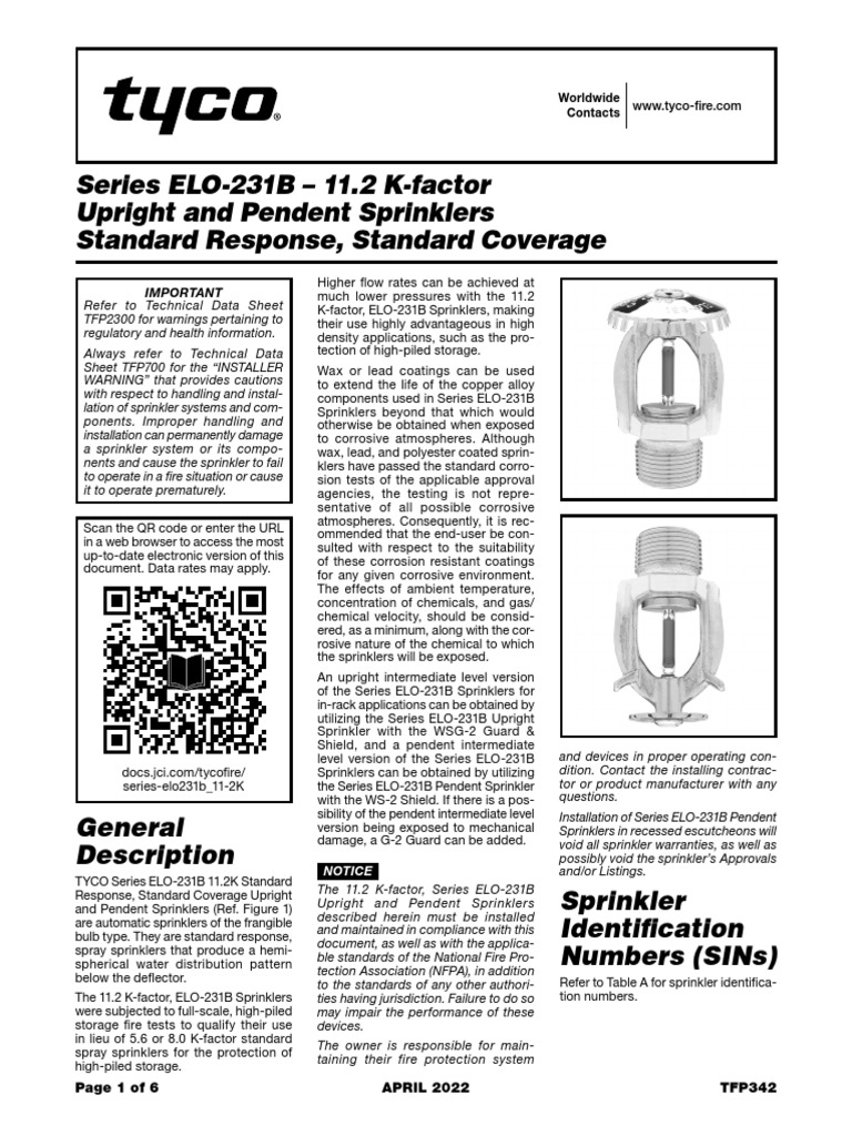 Series ELO231B 11.2 KFactor Upright and Pendent Sprinklers Standard
