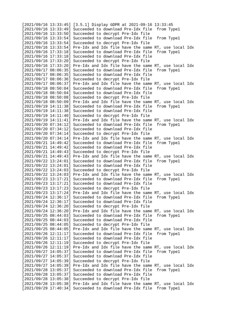 Daily log of pre index file downloads decryptions and comparisons from