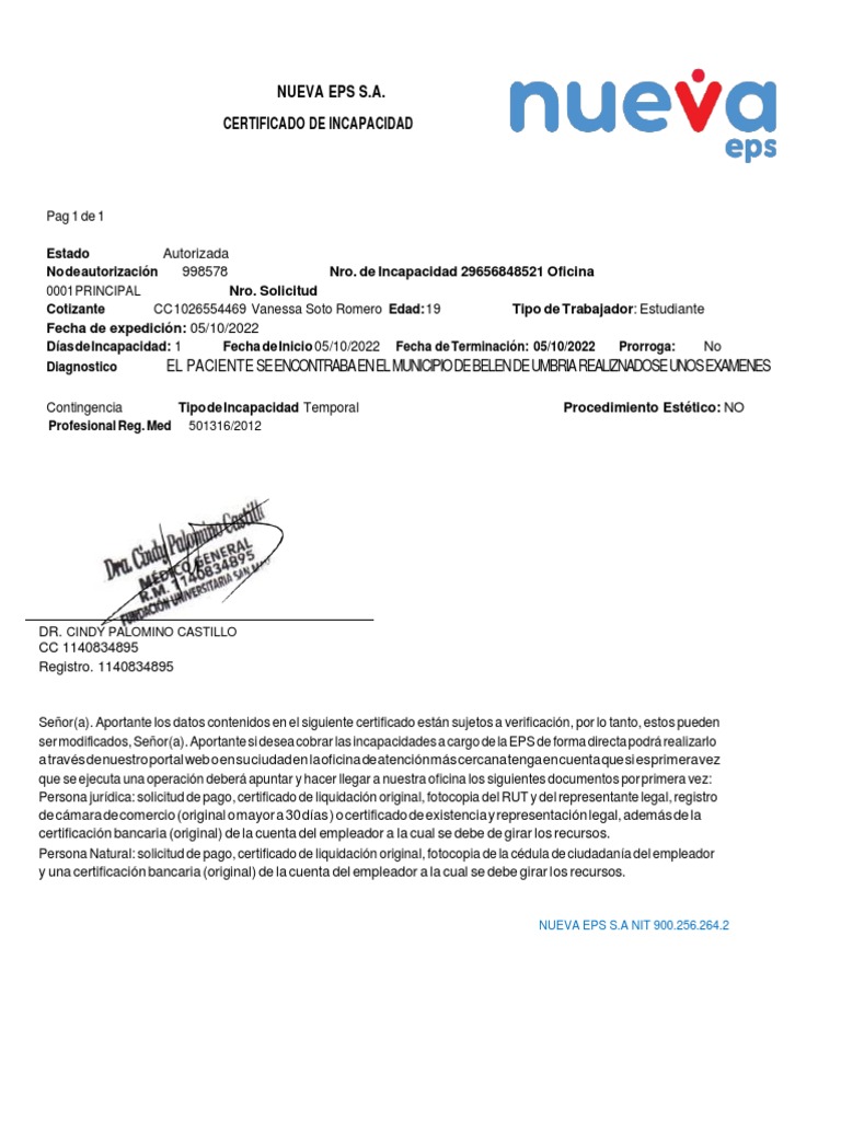 Certificado de Incapacidad Nueva EPS | PDF