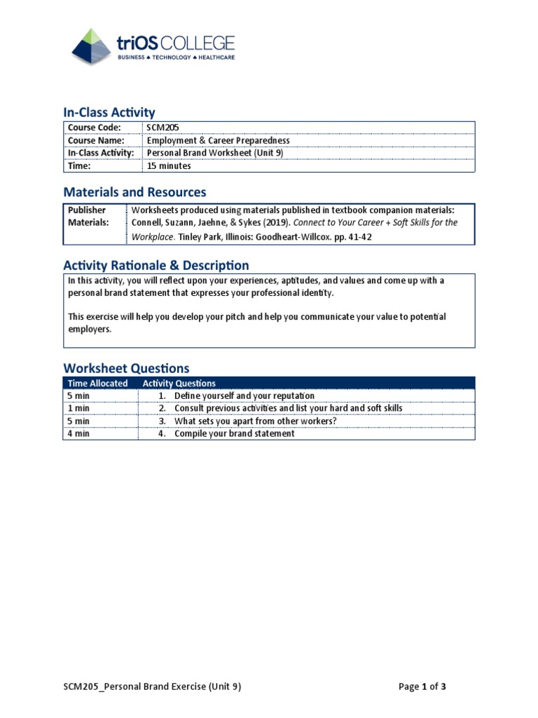 Unit 9 Personal Brand Worksheet PDF Brand Skill
