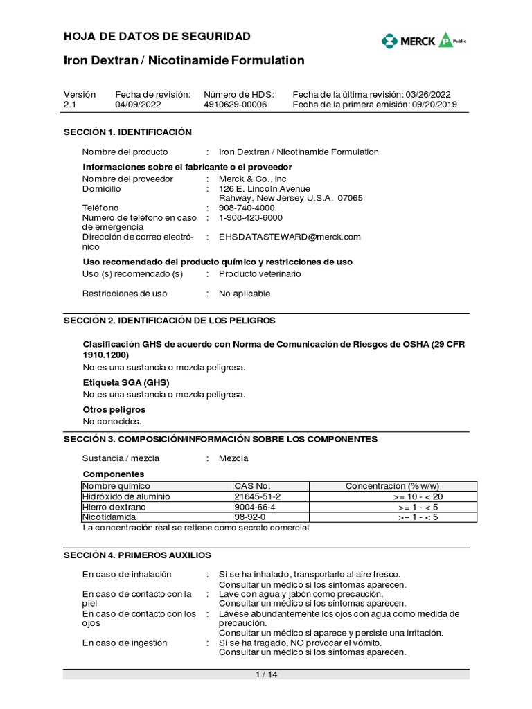 Product SafetyDataSheets AhSds Iron Dextran and Nicotinamide