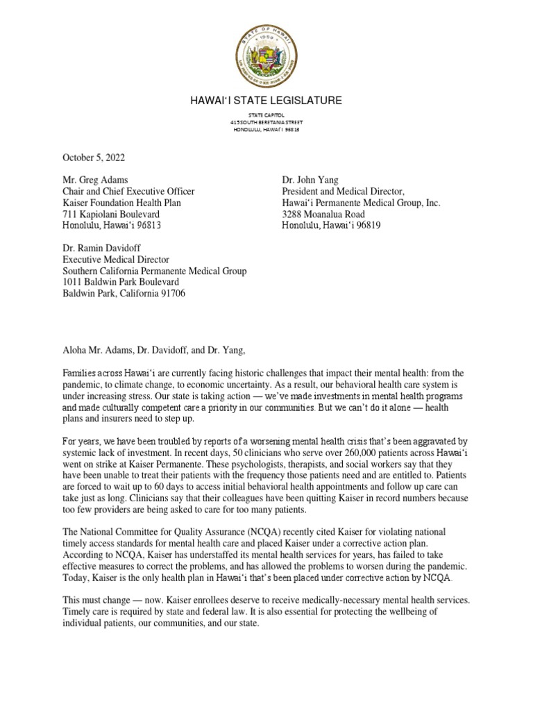 Joint Letter of Support Regarding Kaiser Permanente Mental Health