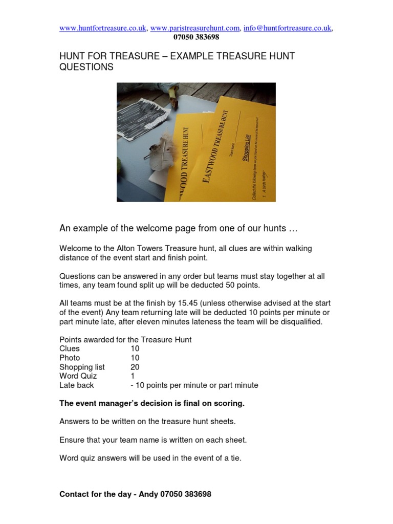 Example Treasure Hunt Questions  Leisure