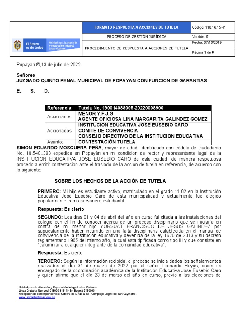 Contestación a Acción de Tutela Educativa | PDF | Método de enseñanza ...