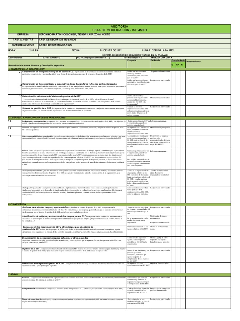 Tarea 2. Lista de Verificación, Auditoría ISO 45001 V 2018. | PDF ...