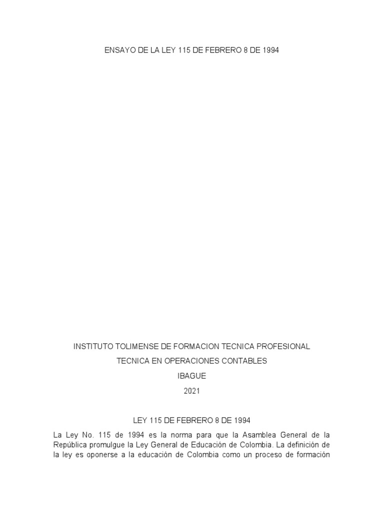Ley 115 De Febrero 8 De 1994 Pdf Educación Primaria Educación De