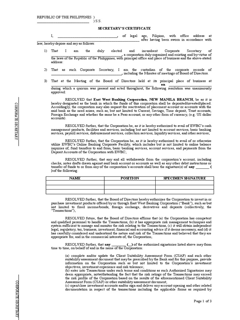 Secretary's Certificate Template Philippines | PDF | Banks | Cheque