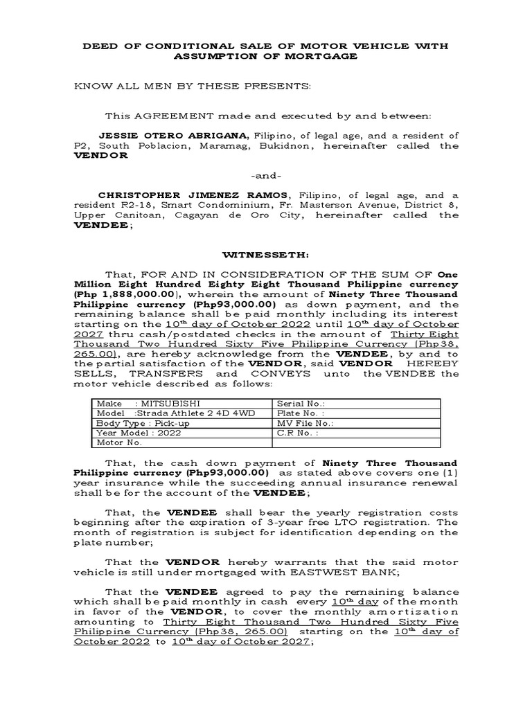 Deed of Conditional Sale with Assumption of Mortgage PDF Banking