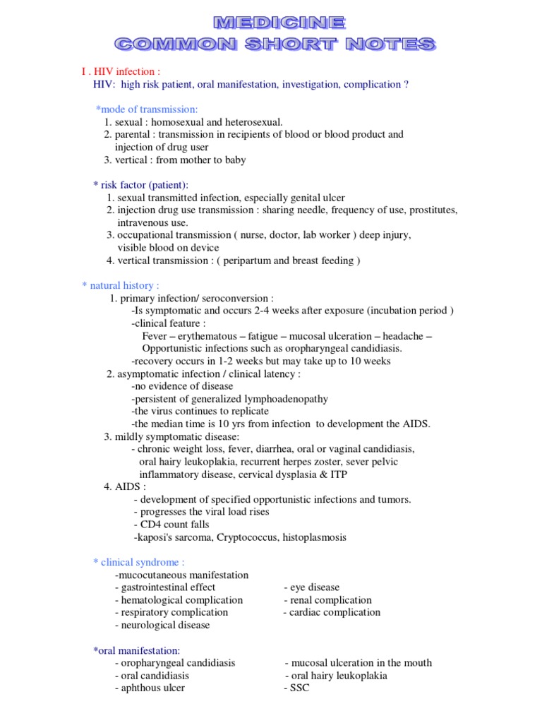 Common Short Notes for Medicine Asthma Hiv/Aids