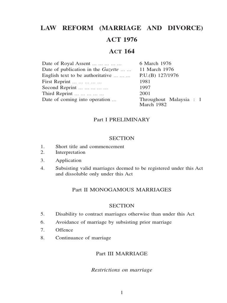(My) Law Reform (Marriage and Divorce) Act 1976 Act 164 | PDF ...