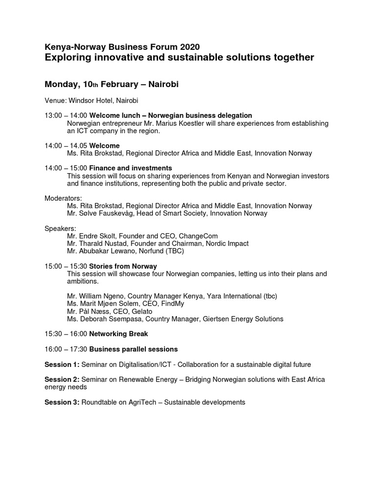 Kenya-Norway+Business+Forum+2020 Programme | PDF | Kenya | Agriculture
