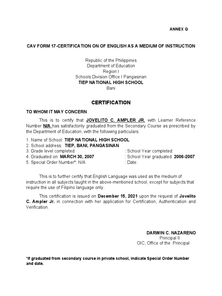 CAV Form 17: English Medium Certification | PDF