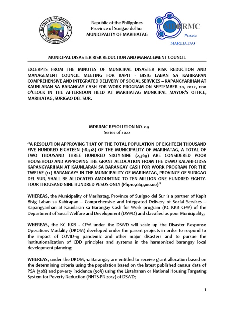 KKB CFW MDRRMC Reso Approving Grant | PDF | Humanitarian Aid | Social ...
