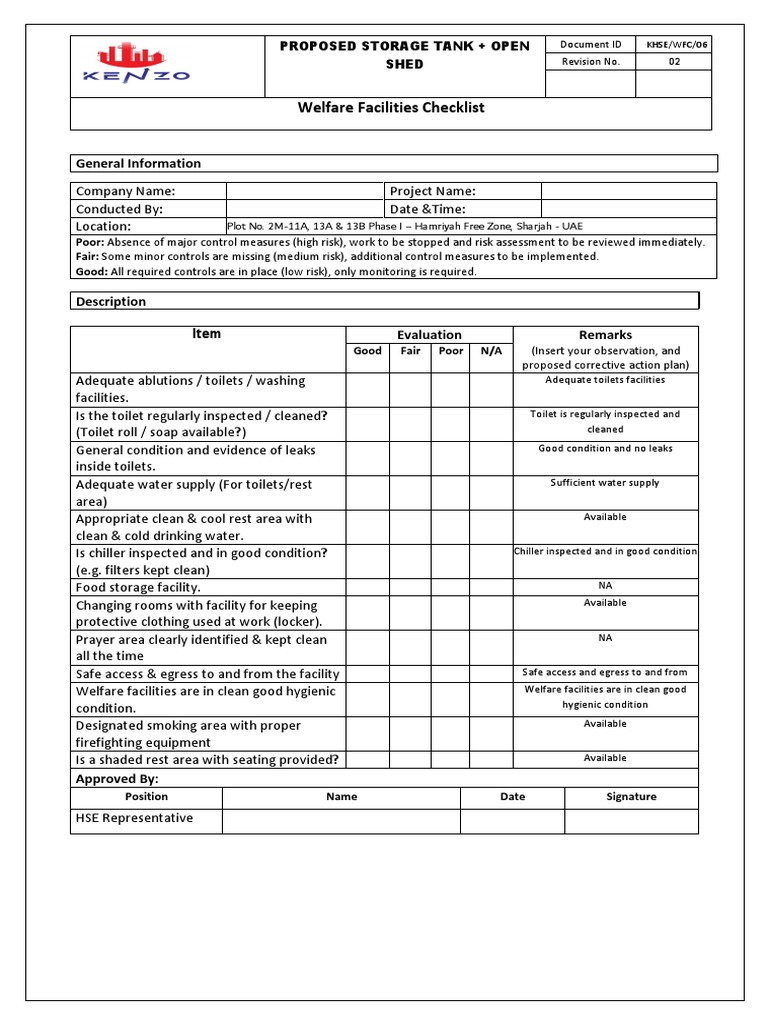OHSECL22 Welfare Facilities Checklist PDF Hygiene Water