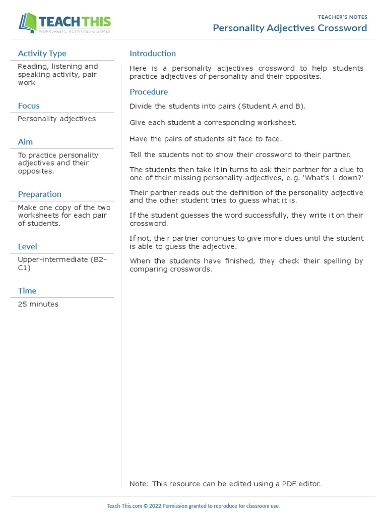 Personality Adjectives Crossword | PDF | Crossword | Communication