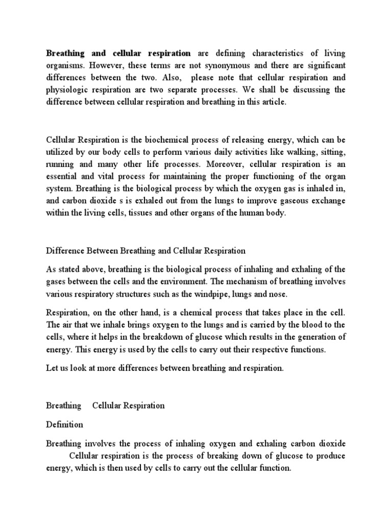Breathing vs. Cellular Respiration Explained | PDF | Breathing ...