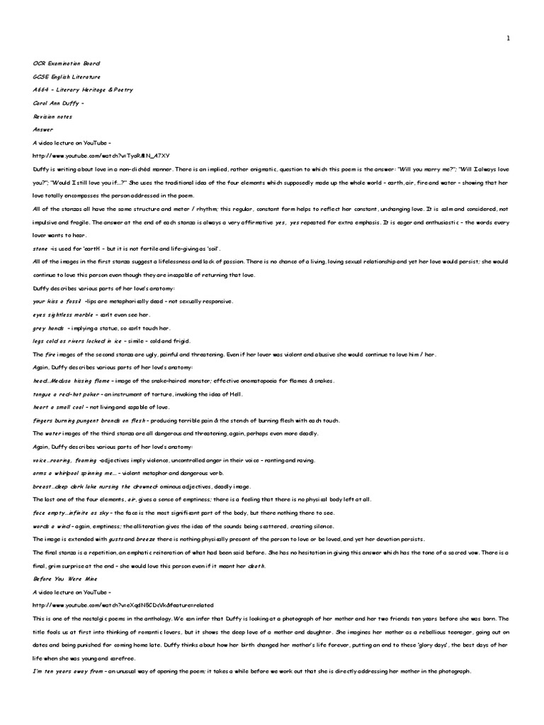 Carol Ann Duffy Revision Notes On All Of The Poems Download Free Pdf