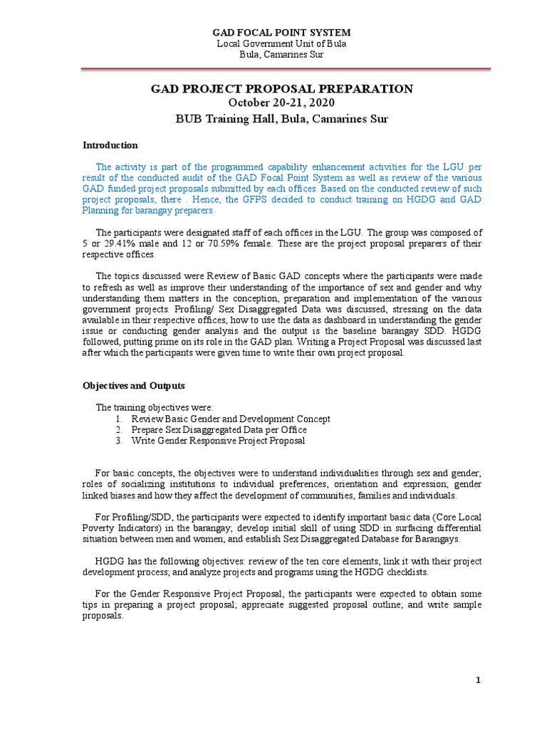 Training Report GAD Project Proposal Preparation PDF Gender